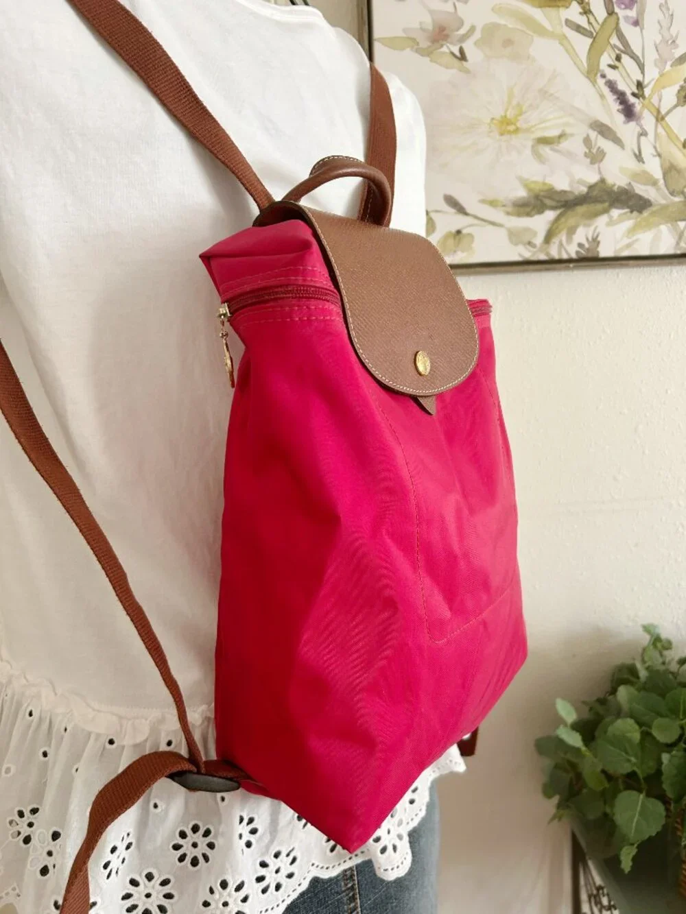 Longchamp Red Backpack with Brown Trim